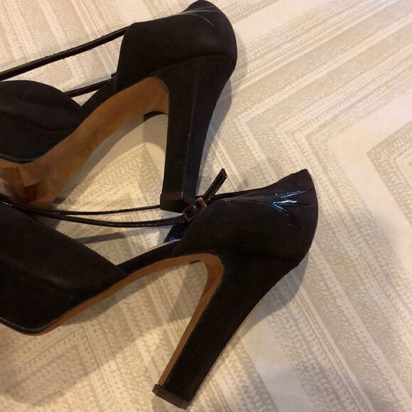 Michel Perry Brown Suede/Leather Peep Toe Platform - Picture 4 of 7